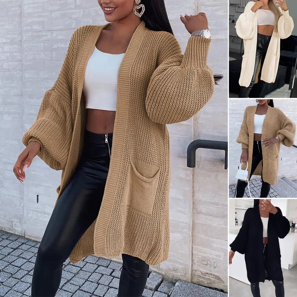 Puff Long Sleeve Ribbed Cuffs Big Pockets Open Stitch Knitted Jacket Autumn Winter Casual Solid Mid-Length Knitted Cardigan