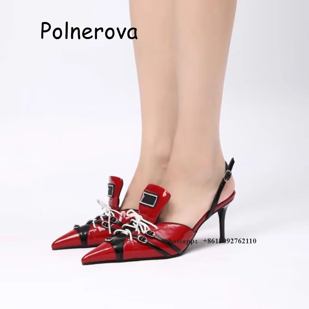 Patchwork Patent Sandals Slippers Mid-Heel Cross Tied Women\'s Shoes Metal Buckle Back Strap Summer Casual Fashion All-Match Shoe