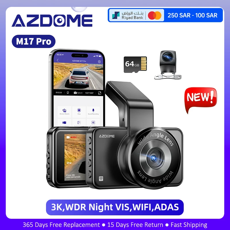 

AZDOME 3K Dash Cam M17 Pro Car DVR 2K+1080P WIFI Car Camera ADAS Voice Control 24H Parking Monitor Support Rear Cam Night Vision