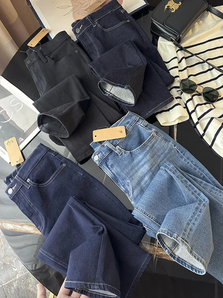Cintura alta clássico ajuste elástico emagrecimento tubo calças jeans nove pontos versátil retro sle sala de estar entrada