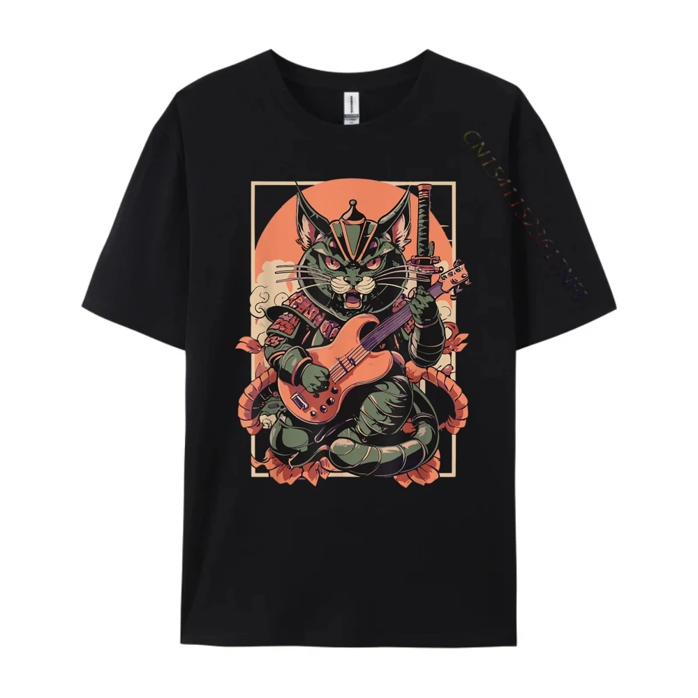 

Japanese Bushi Cat Playing The Electric Guitar Printed T-Shirt Oversized Tees Cotton Comfort Camiseta Masculina