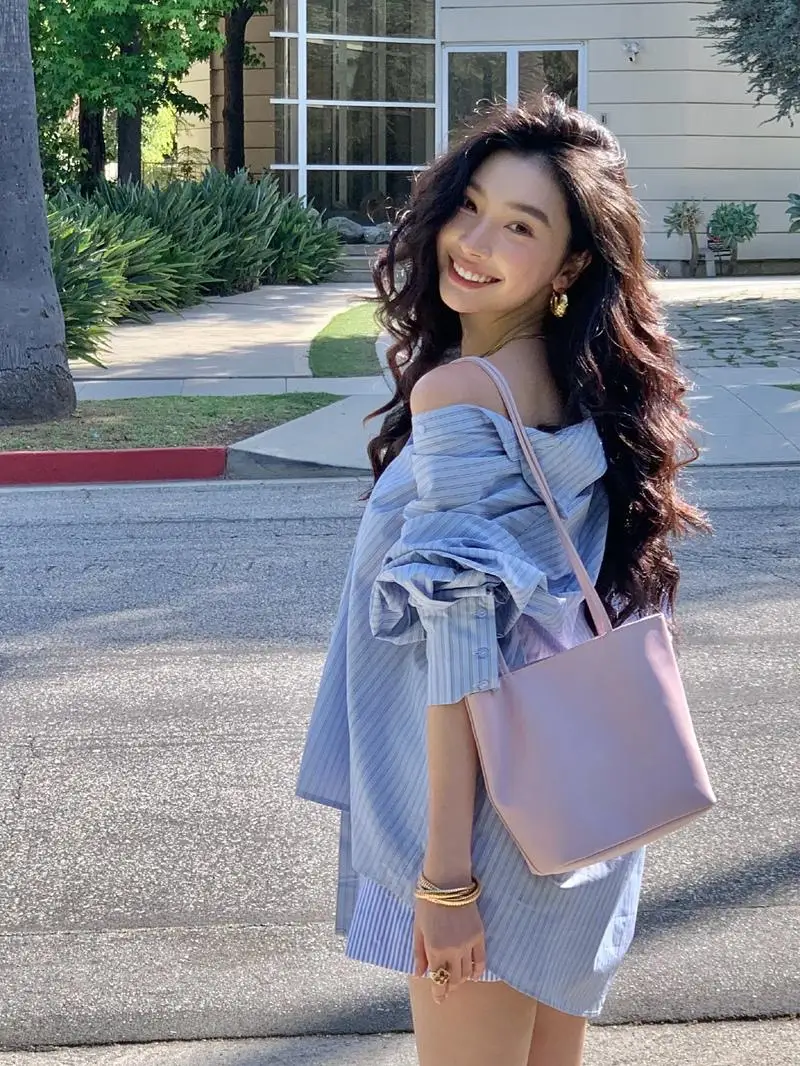 

Женский irist Tre Agel Lazin Sle Faion в синюю полоску, одинаковый верх, свободный хлопковый воротник, пуговицы, слот, солнечный свет...