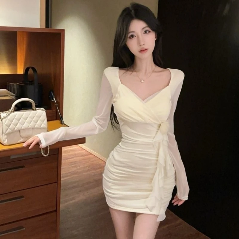 

Женское облегающее платье с длинным рукавом, сексуальное, с оборками, с завышенной талией, мини-юбка, модный клубный наряд для вечеринок, осень 2026