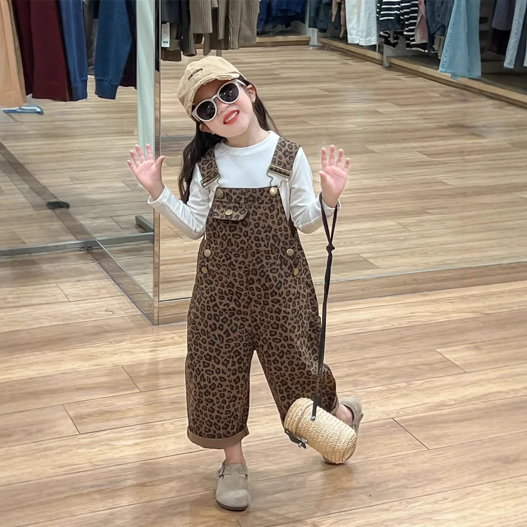 

Bib Pants Spring and Autumn New Korean Fashion Neutral Retro Leopard Pattern Bob Pants Kids Clothes Boys and Girls