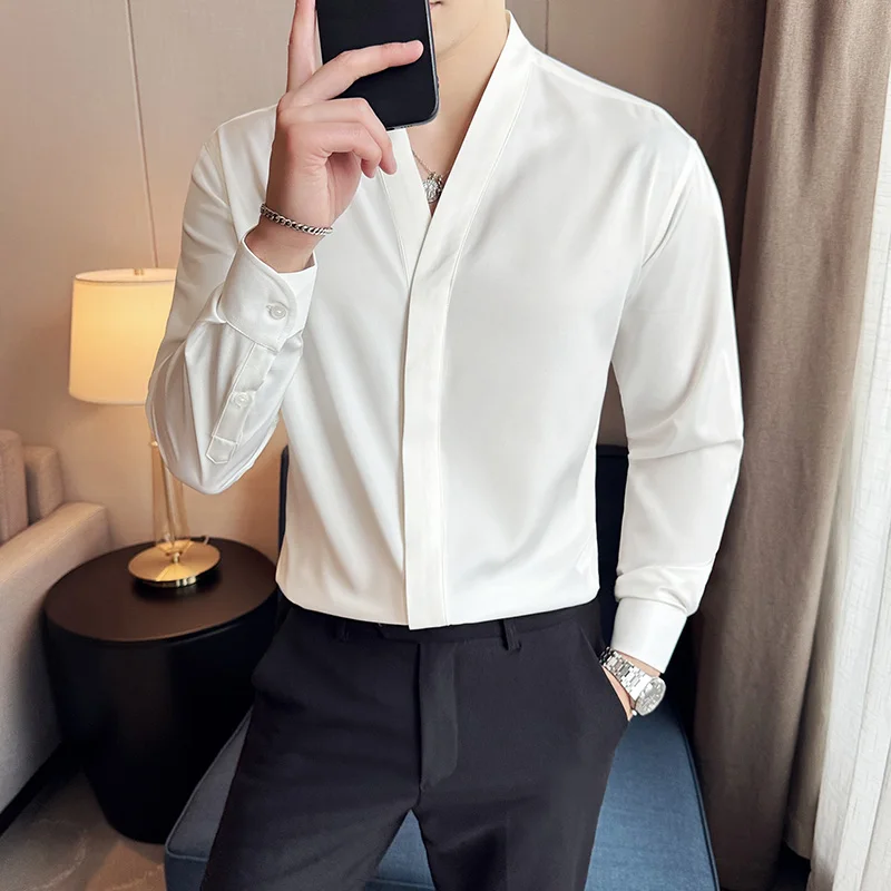 High Quality Collarless Shirt for Men Fashion Long Sleeve Casual Business Dress Shirts V-neck Social Party Tuxedo Blouse 2024