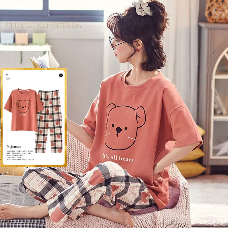 Summer Big 5XL Pajama Sets Short Sleeved Cartoon PJ Knitted Plaid Sleepwear Women\'s Pajamas Loungewear Home Pijama Mujer Fashion