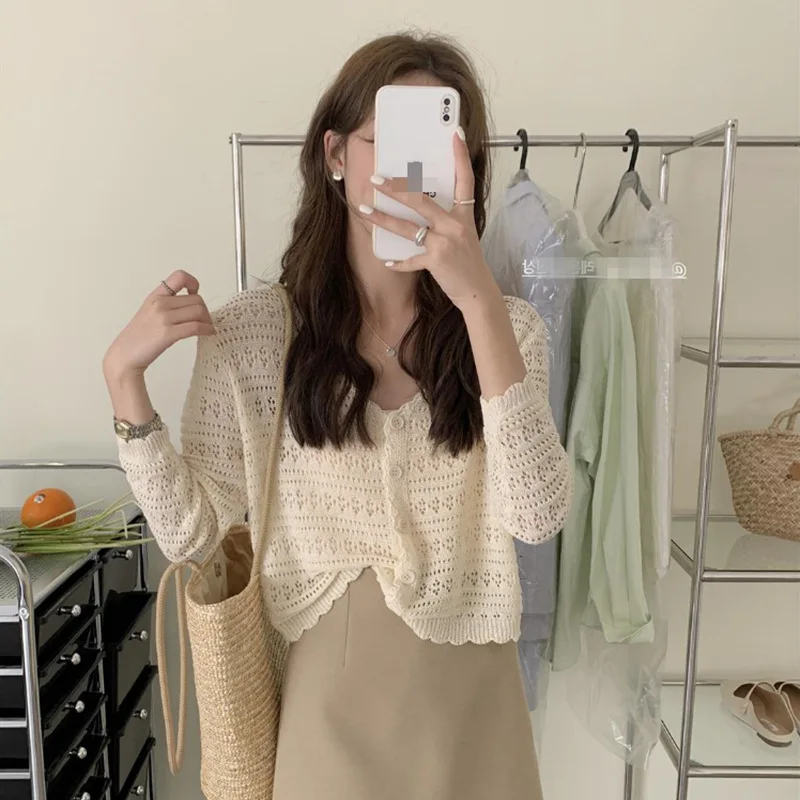 Cardigan tricoté ajouré pour femmes, Protection solaire fine, manches longues, Style court, petit haut de Protection solaire