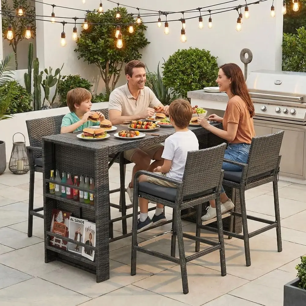 

5-Piece Outdoor High Top Rattan Bar Set with 4 Chairs, Patio Counter Height Dining, Gray