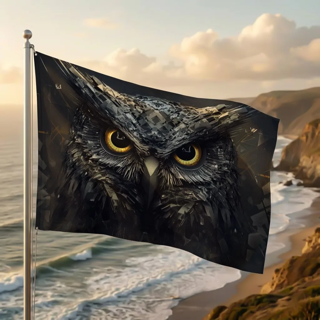 1pc a Science Fiction Owl-Themed Flag Featuring a Cyberpunk Mechanical Owl Design with a Black And Silver Geometric Pattern