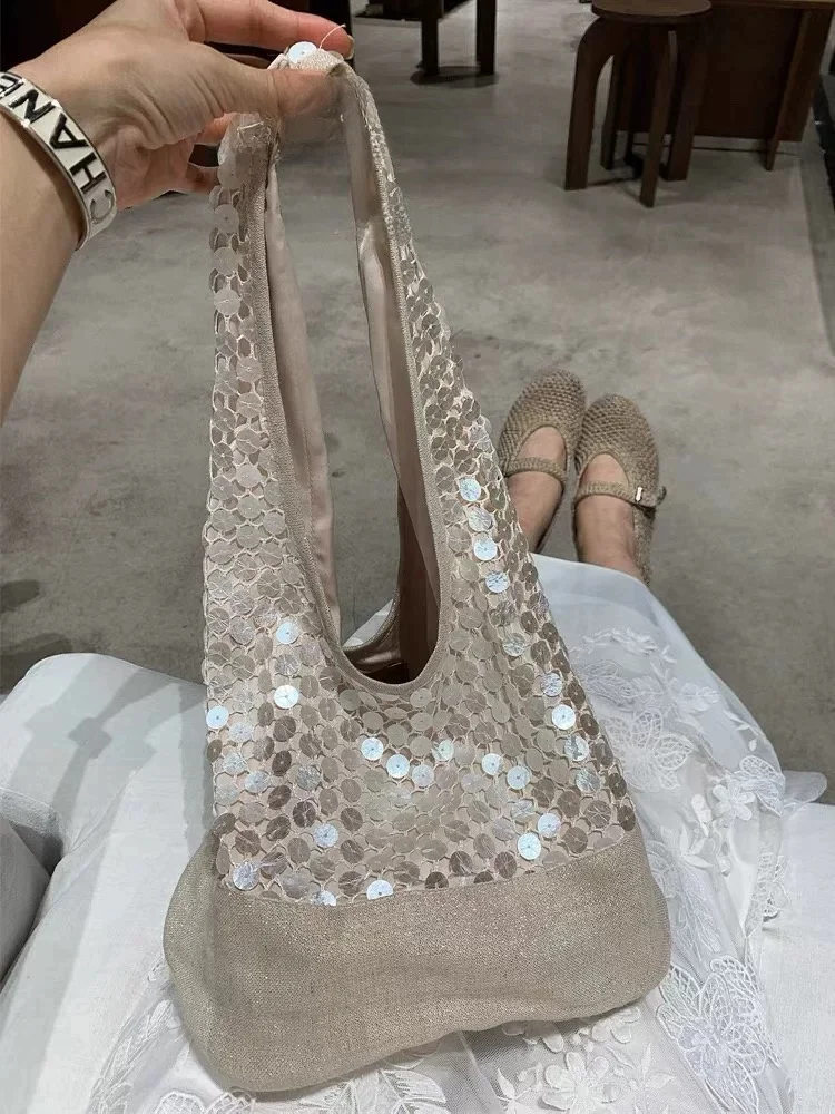 Shred  Gold Fluorescent Sequin Women's Single Shoulder Bag Summer 2026 New Versatile Tote Bag Gentle Vacation Bag