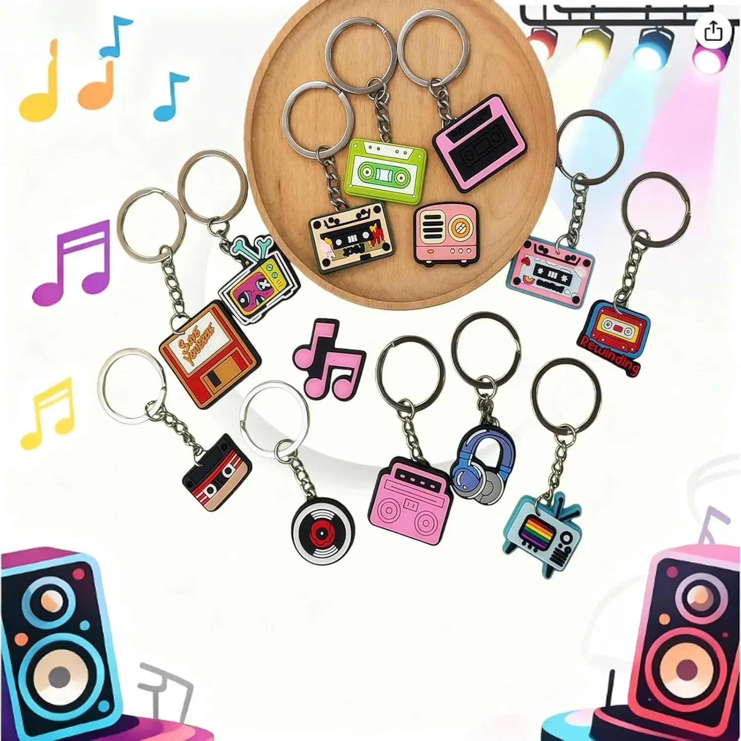 35/70Pcs Retro Music PVC Keychains, Cassette Radio Headphone Record Charms for Backpack, Party Favors, Music Lover Gifts