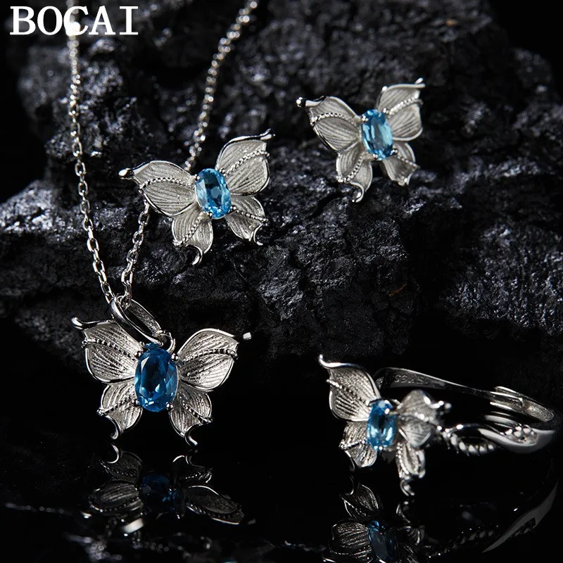 

BOCAI NEW S925 Pure Silver Fashionable Niche Natural Topaz Butterfly Earrings Pendant