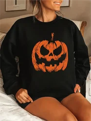 Plus Size Casual Sweatshirt Women Halloween Pumpkin Print Long Sleeve Round Neck Pullover