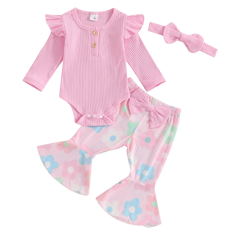 Baby Girls Fall Outfits Long Sleeve Button Front Ruffle Romper Pants Headband Set Newborn Clothes