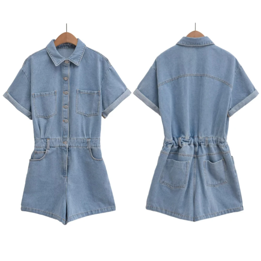 TRAF ZR Denim Playsuit Lapel Collar Shourt Rolled-up Sleeve Women Rompers Front Metal Buttons Back Elastic Waistband One Pieces