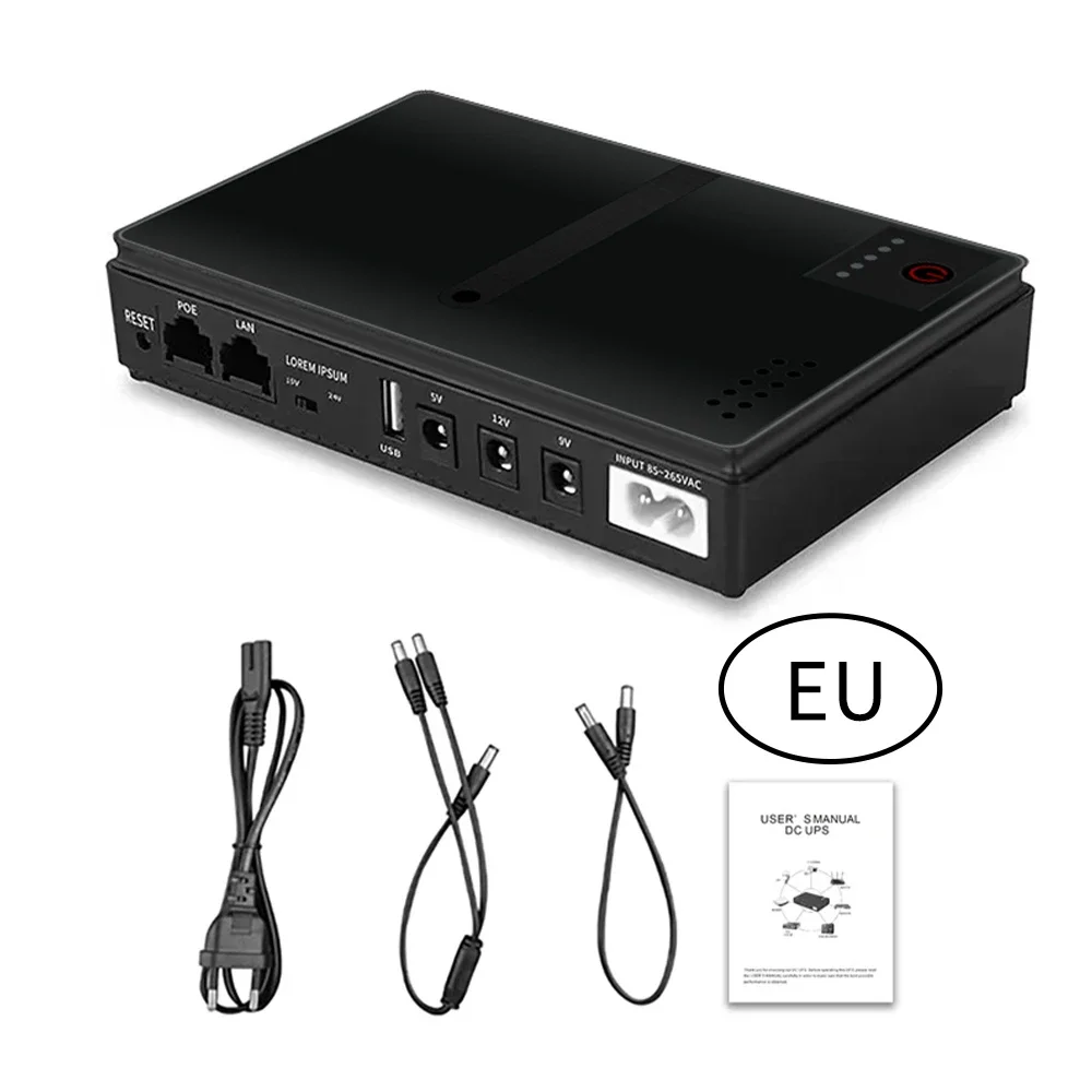 DC UPS Battery Backup 10400mAh 5V 9V 12V 2A 15V 24V 1A Output Uninterruptible Power Supply 85‑265V UPS Battery Backup EU Plug