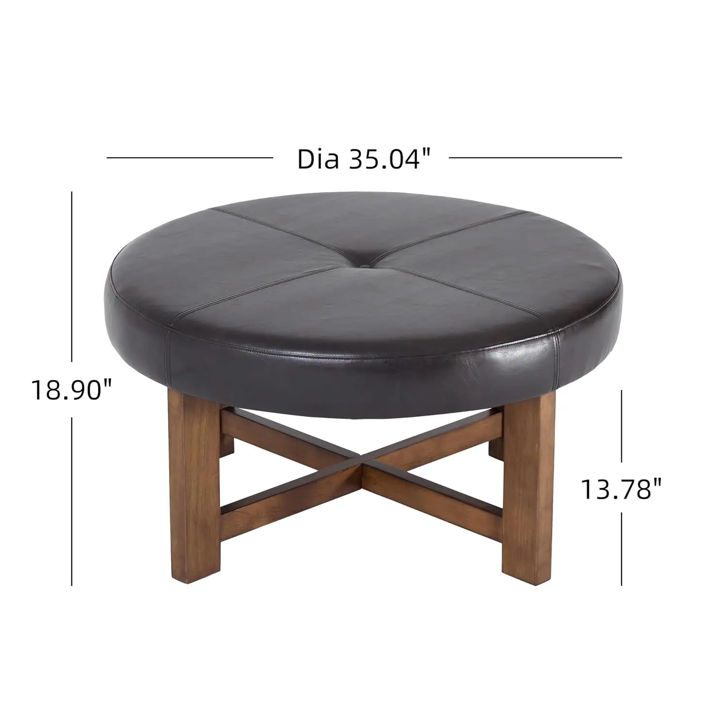 Round Faux Leather Ottoman Coffee Table with Solid Wood Base, Tufted Upholstered Footrest, Large Top for Living, Customized