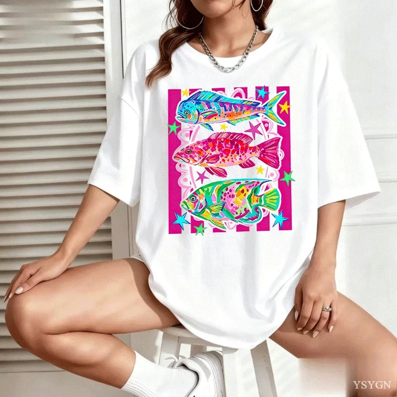 Preppy Fish Female Fishing T-shirt Women Ladies Short Sleeve Summer Vacation Coastal Fish T Shirt Casual Cotton Beach Tees