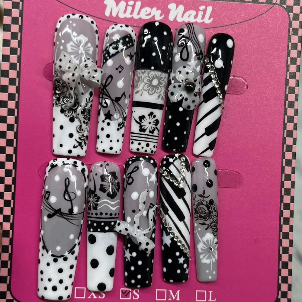 

10Pcs Y2K Darkness Spice Girl Handmade Xl Long Square Press On Nails Bowknot Diamond Wave Point Music Note Hand-Drawn Fake Nails