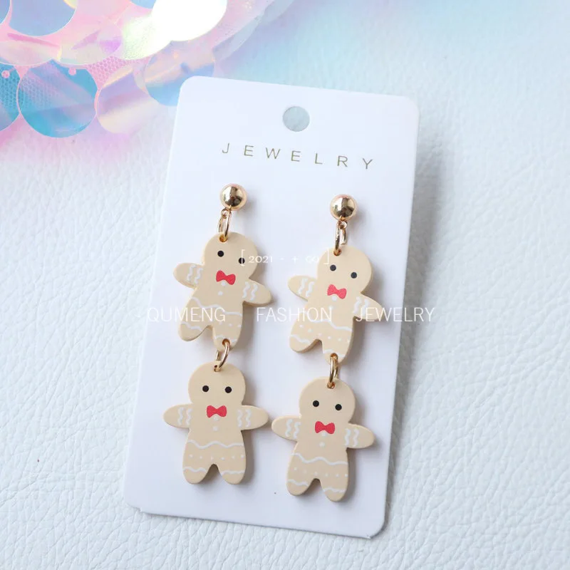 1 Pair Acrylic Christmas Gingerbread Man Studs Earrings for Woman Imitation Soft Ceramic Baking Paint Earring Jewelry Party Gift