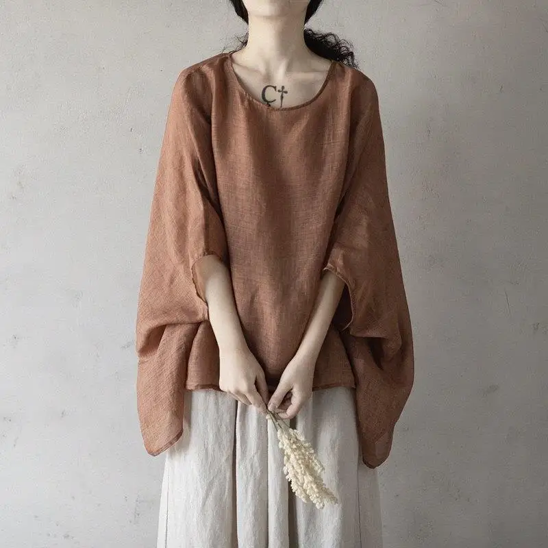 

Original Design Large Size Cotton Linen Lightweight Summer New Loose Batwing Sve Sun Protection irt Faionable Top