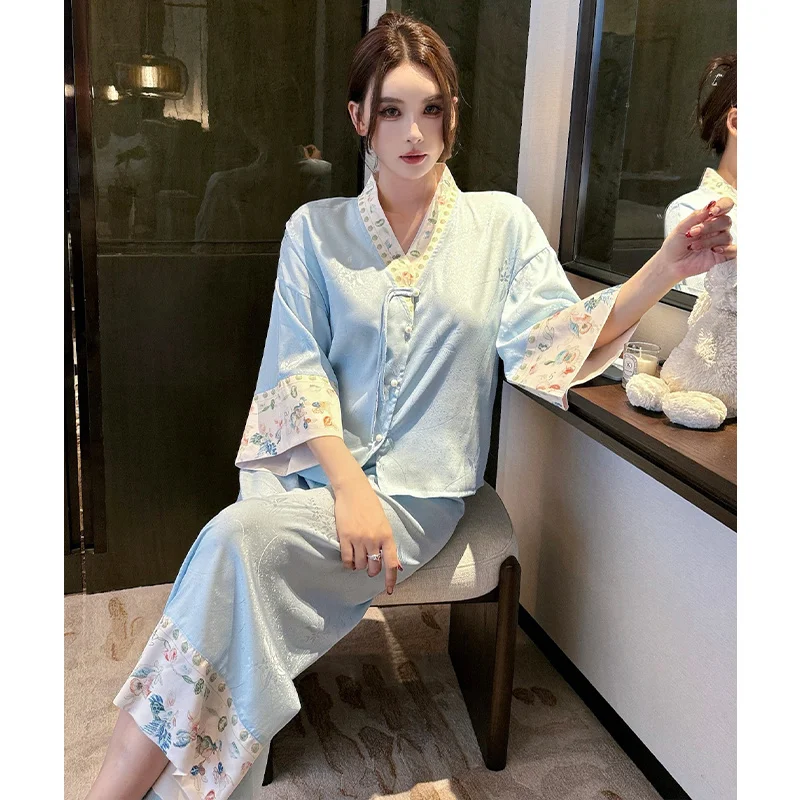 

Ice silk pajamas women's summer floral cardigan button new printed short-sleeved trousers two-piece set homewear