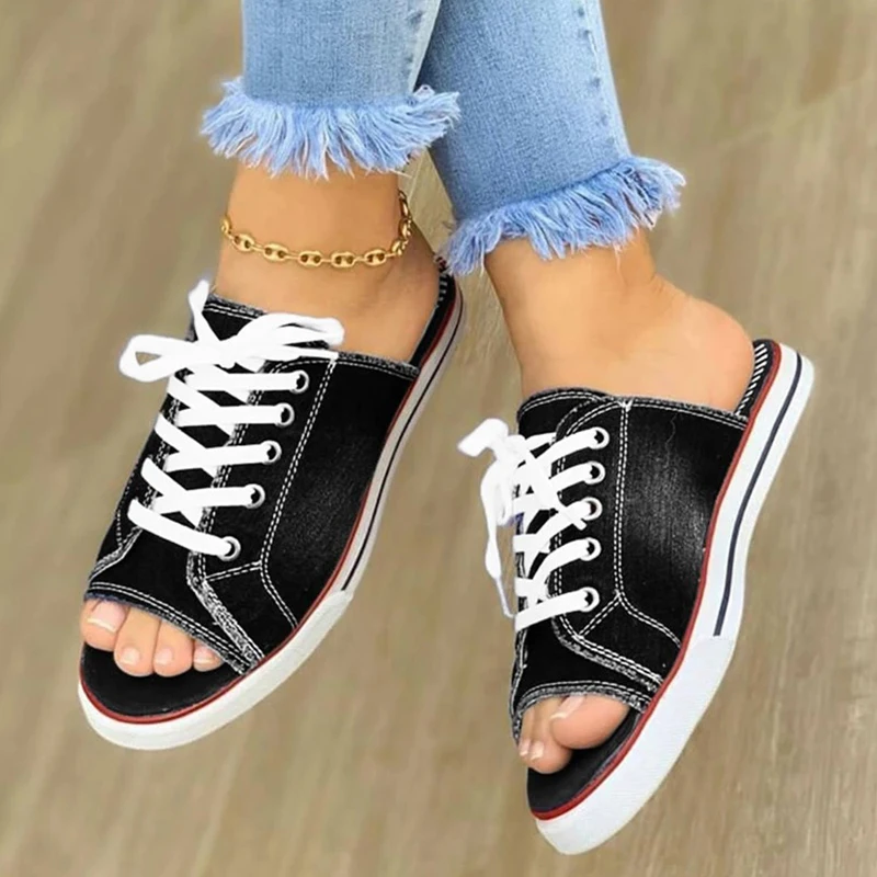 Women\'s Casual Female Fashion Denim Beach Shoes Plus Size Women Canvas Slipper Woman Lace Up Ladies Peep Toe New Flat