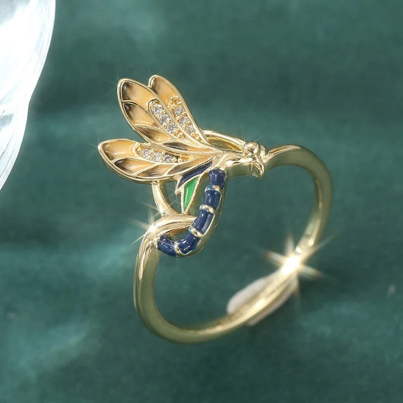 Countryside Style Enamel Dragonfly Ring with Hollowed Out Synthetic Zircon Inlaid Women's Thin Ring Artistic Style Accessory