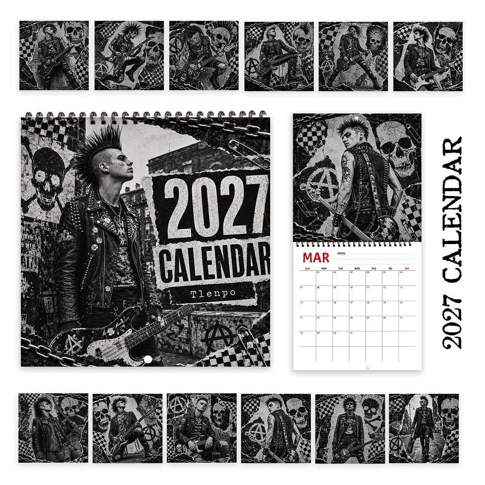 1pc 2027 Punk Rock Musician Wall Calendar,12‑Month Planner,Gift For Back‑to‑School,Christmas,New Year,Free Stickers Included