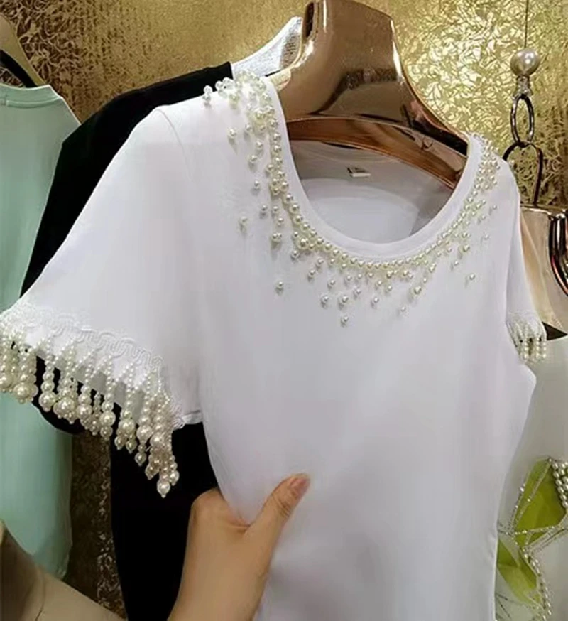 Pearls Beaded Embroidery Cotton T Shirt For Women 2024 Summer New In Short Sleeve Tops Tess White Tshirts Woman Clothing