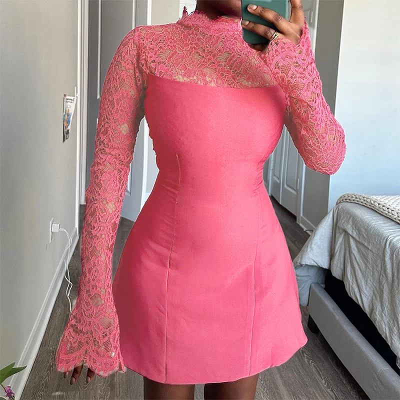 BKLD 2024 New Stunning Floral Lace See-through Long Flare Sleeved Zip Up Sexy Stylish Women Evening Party Club Short Solid Dress