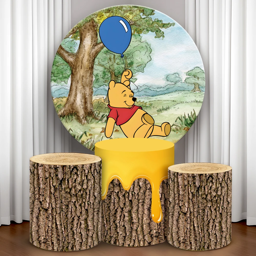 

Winnie The Pooh Round Cylinder Backdrop Cover Wood Grain Cylindrical CakeTable Cover Kids Birthday Party Photograph Background