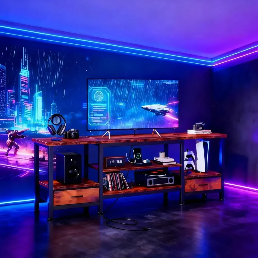 

2 Sizes TV Stand For TVs To 75 Inch, Media Console With USB Charging Station 2AC Outlets TypeC, Entertainment Center With St