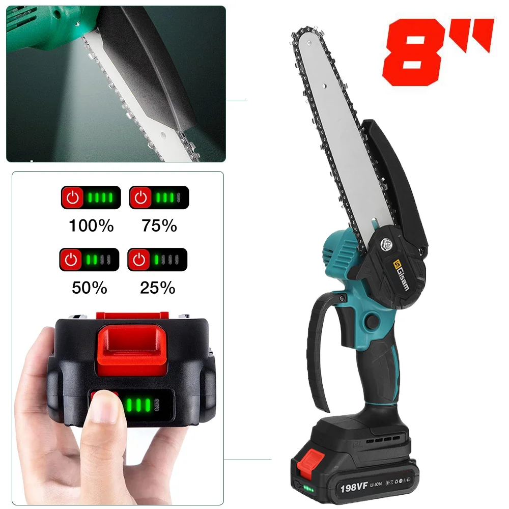 Gisam 8 Inch Electric Chain Saw Brushless Motor Battery ChainSaw Rechargeable Pruning Saw WoodWorking Power Tool for Makita 18V