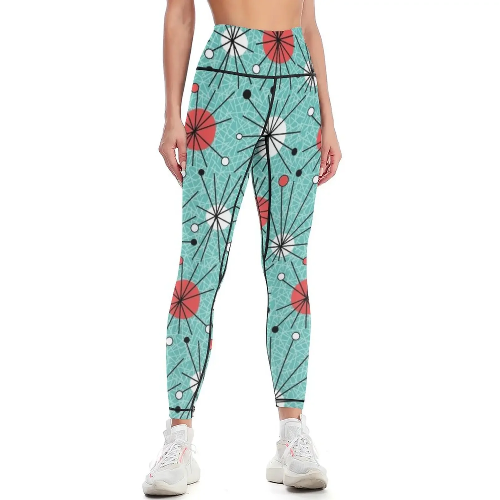 

Mid Century Aqua Orange Leggings sports for gym Sweatpants exercise clothing for sports for Womens Leggings