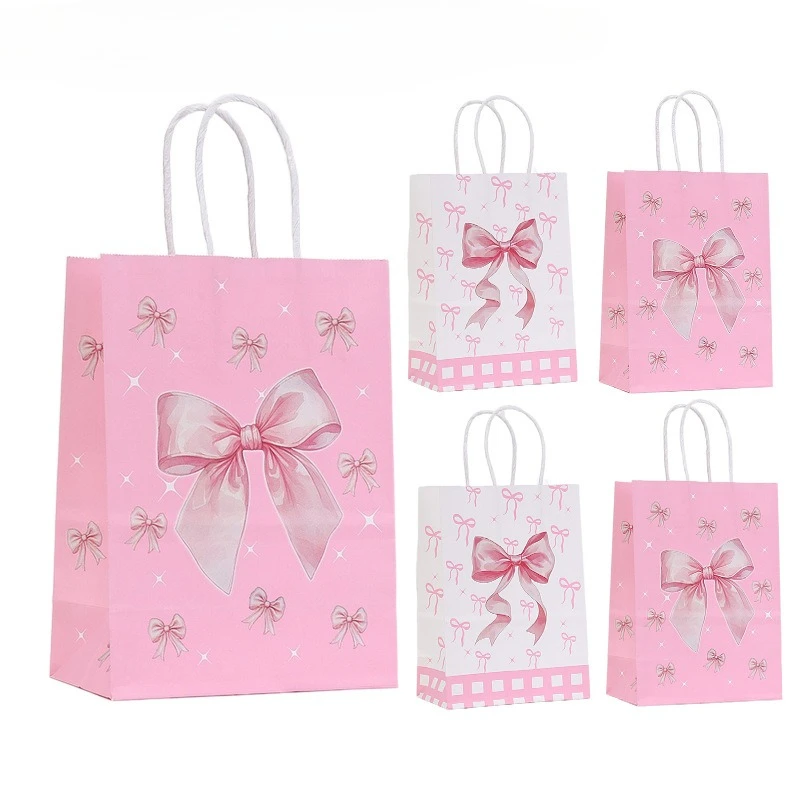 

30Pcs Pink Bow Paper Gift Bags Candy Snack Treat Bag Kids Girls Birthday Party Supplies Baby Shower Decoration Gift Packaging