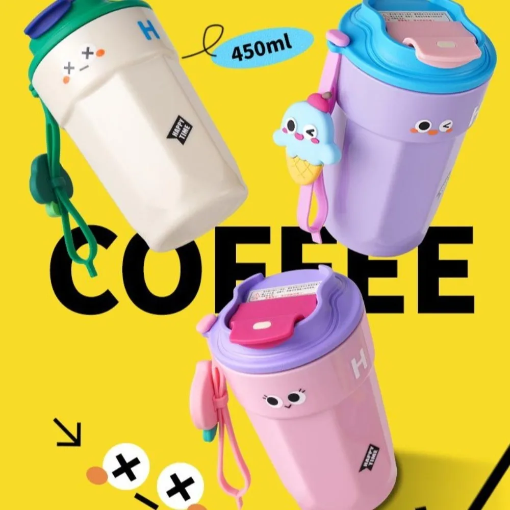 Portable 450ml Large Capacity Coffee Cup Plastic with Lid Water Bottle Cartoon with Handle Girls Juice Milk Bottle Home Office