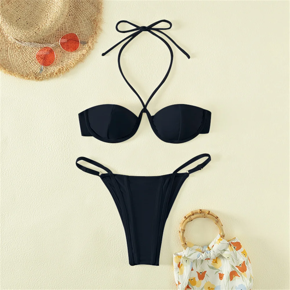 

Sexy Underwire Push Up Bikini String Halter Swimsuit Bandage Swimwear Pads Women Two Piece Trend Beach Micro Thong Bathing Suits