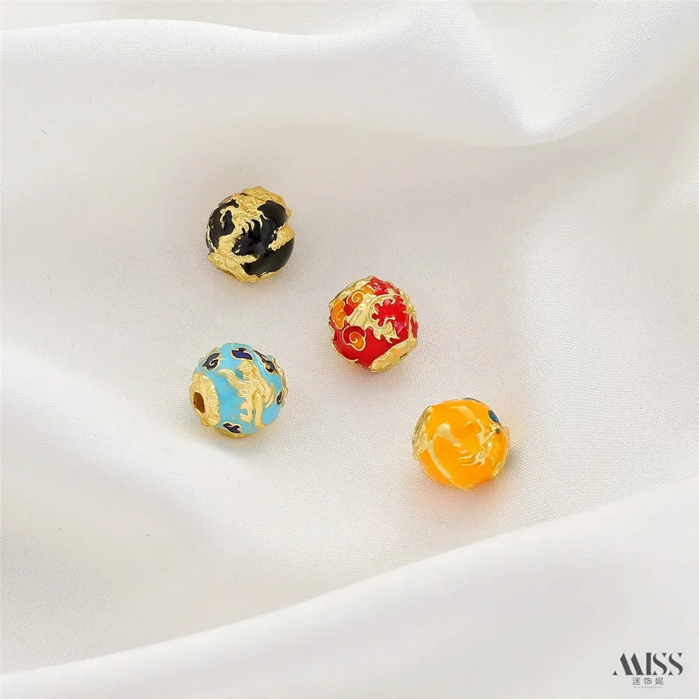

18K Matte Gold Cloisonne Burnt Blue Enamel Dragon Ball Dragon Pattern Bead Spacer Flower Ball DIY Bracelet Beaded Accessories