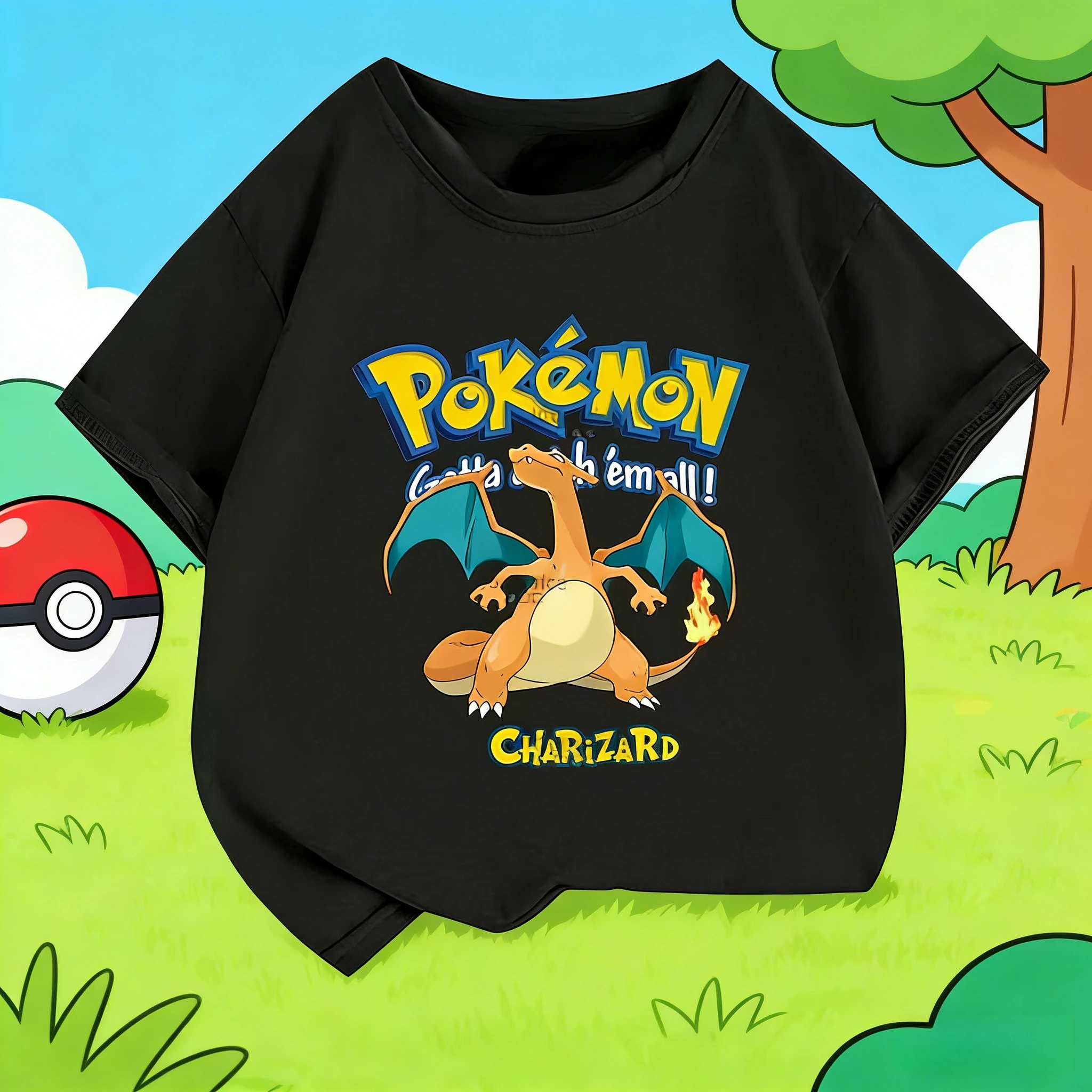 2026 Sommer 100% Baumwolle Bedrucktes T-Shirt, Unisex Oversized Tee, Bequemes Übergrößen-Oberteil mit Coolem Anime-Feuerdrachen-Grafik-Streetwear-Design