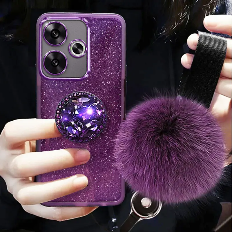 POCOF6 Case Luxury Diamond Holder Cover For Xiaomi POCO F6 pro Redmi Note 13 pro+ 13C 14C 13T 14T pro Case With Fur ball Lanyard