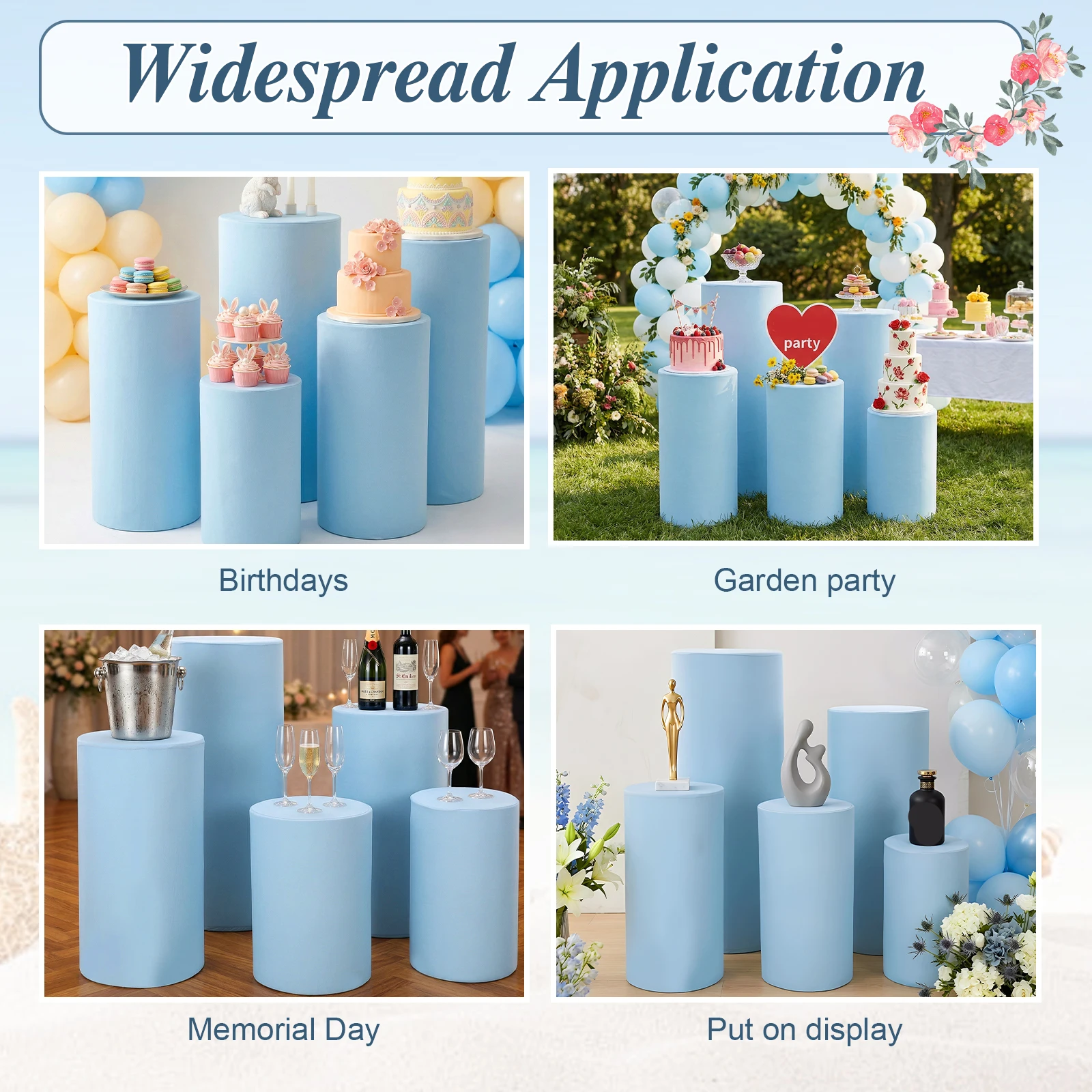 

5Pcs Cylinder Pedestal Stand Covers Reusable Elastic Cloth Pillar Plinth Cover Without Stands for Wedding Props Babyshower Birthday Party (Light Blue)