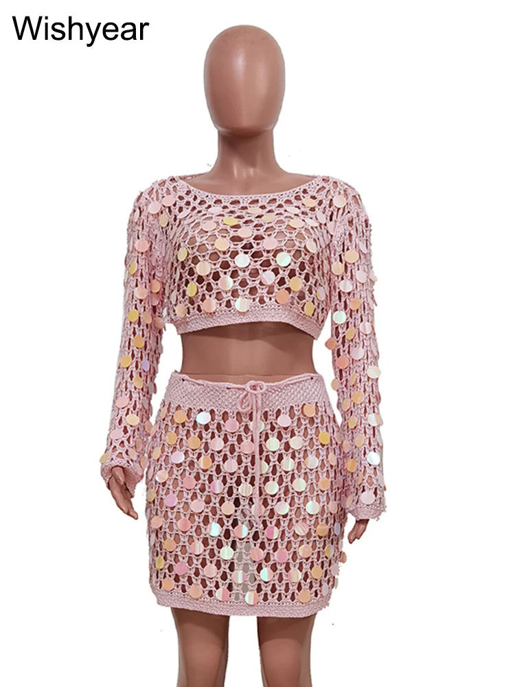 Sexy Hollow Out Beach Sequin Knitted Dress Set for Women Glitter Cover-Up Tops and Mini Skirt 2 Two-Piece Night Club Outfits