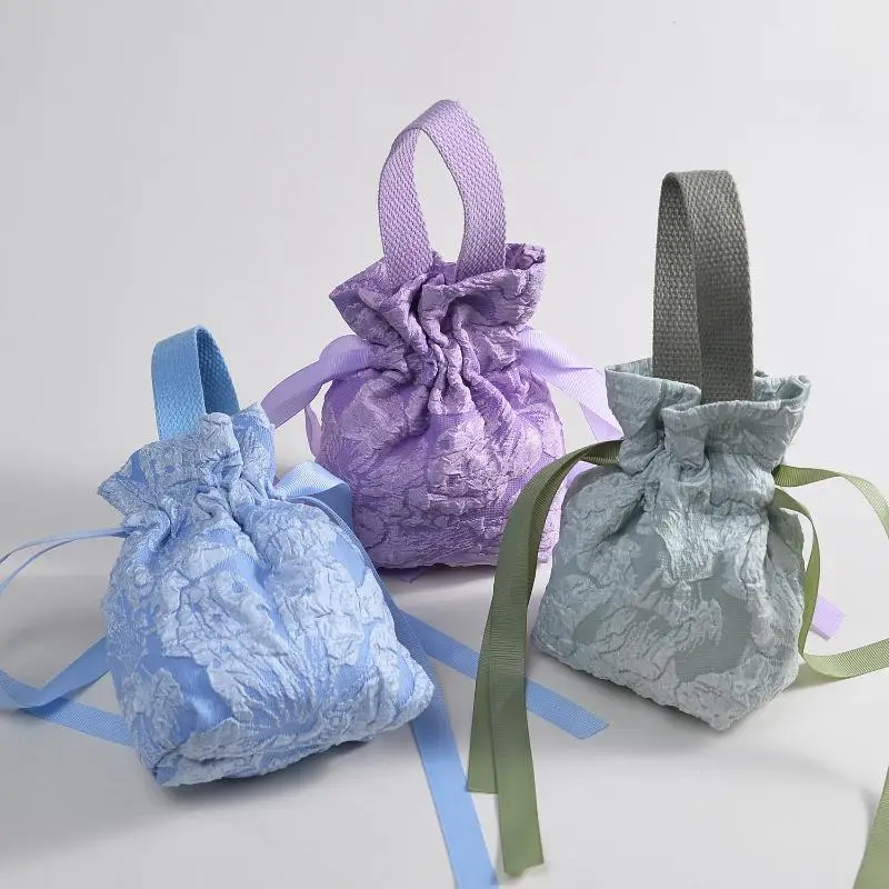 Floral Canvas Drawstring Bag Pouch With Chain Elegant Small Bowknot For Gift Packaging Wedding Favor Storage