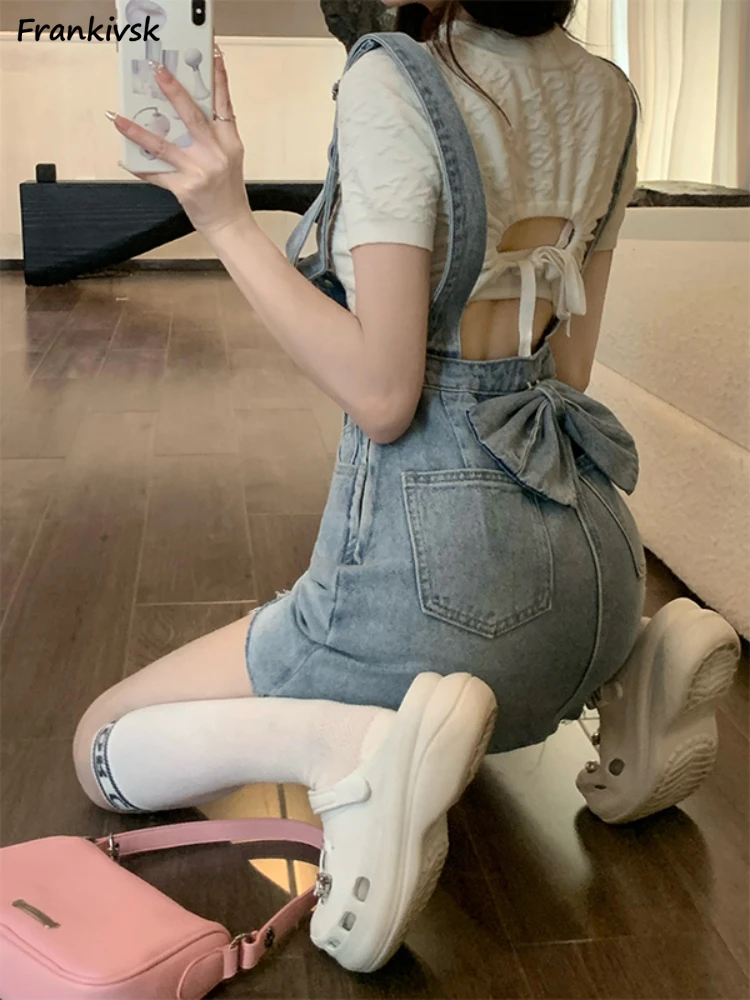 Denim Dresses Women Suspenders Bow Elegant Student Japanese Style Hotsweet Slim Solid All-match Spring  Sweet Fashion