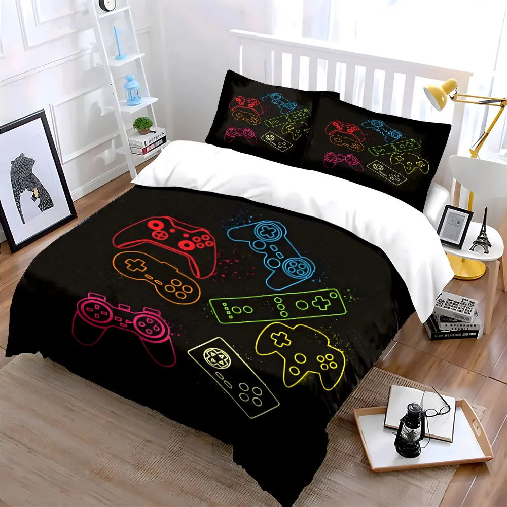 Neon Style Gaming Controllers Print Bedding Set 1 Duvet Cover 2 Pillowcases for Adult and Children Luxury Gift Full Size