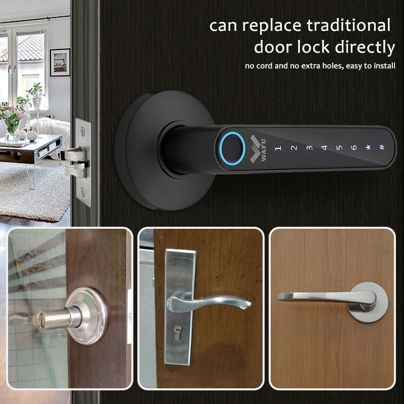 WAFU 016 Fingerprint Door Lock Tuya Smart Lock Bed Room Door Lock Zinc Alloy Built-in Lithium Battery Handle Deadbolt Lock