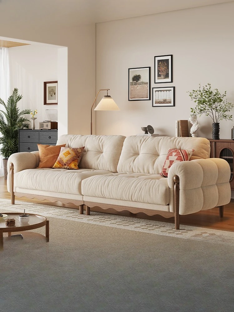

Log cream style living room fabric sofa living room small apartment Nordic solid wood straight row retro cotton and linen sofa