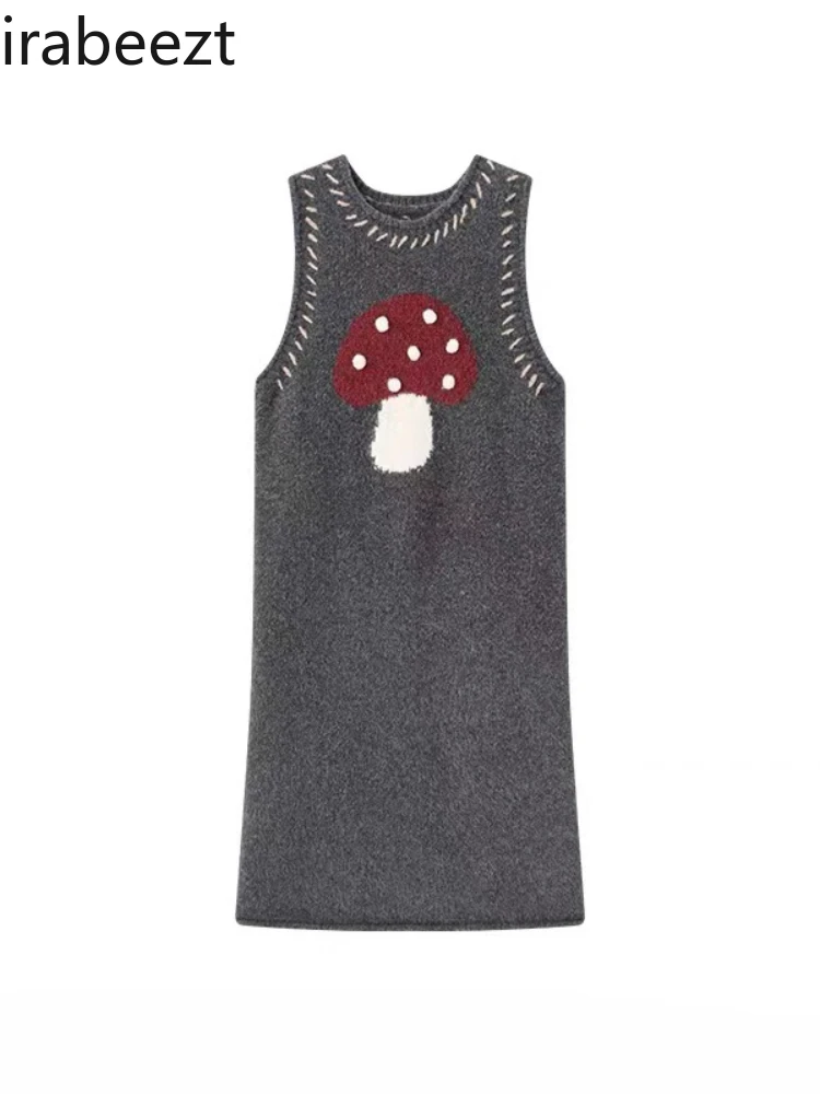 Dark Gray Stereoscopic Cartoon Mushroom Knitted Sundress for Women Autumn/winter Vintage Cute Age-reducing Sleeveless Dress