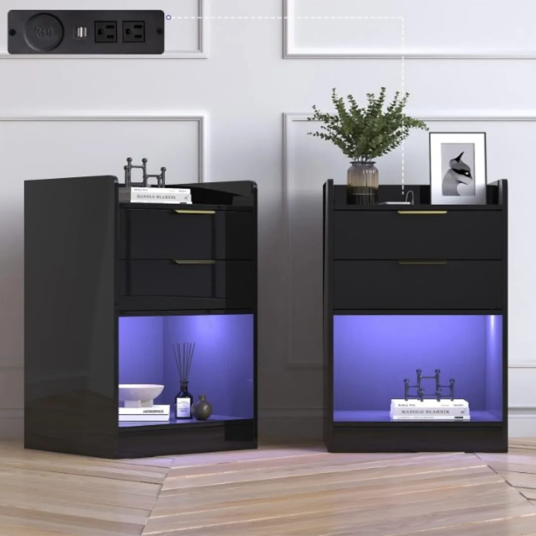 LED Nightstand Set of 2 with USB and Outlets Charging Station, Modern High Gloss Smart Bedside Table with 2 Storage Drawers